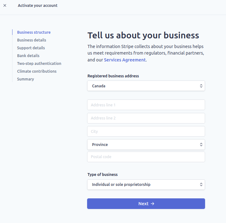 Creating Live Stripe Account